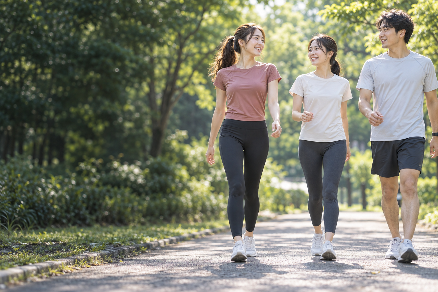 Three young adult Japanese friends enjoying a brisk fitness walk in sportswear