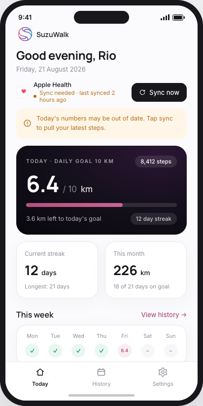 SuzuWalk Today screen showing steps, distance and daily goal