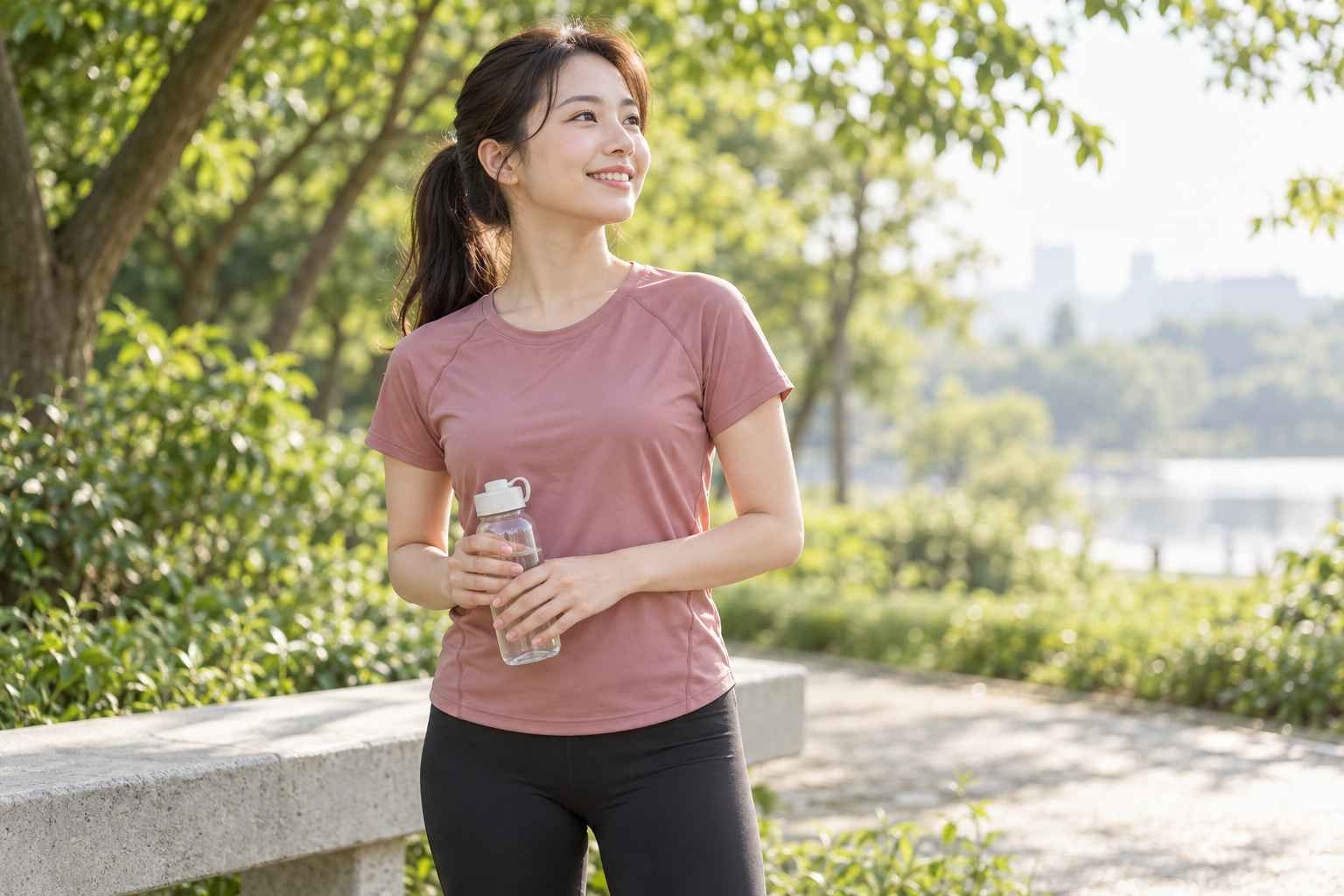 Woman taking a refreshing break after a fitness walk